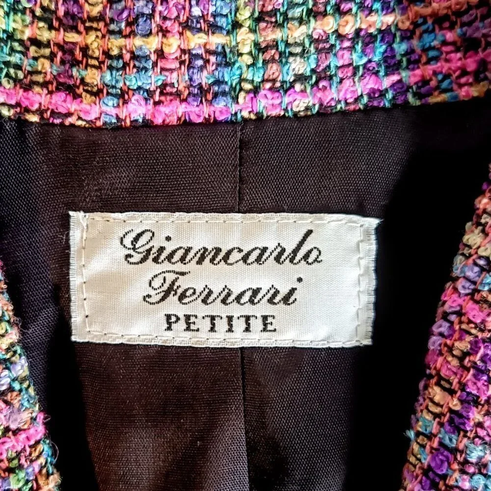 Giancarlo Ferrari Petite Blue Pink Tweed Black Trim Blazer